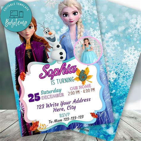 Editable Frozen 2 Elsa Anna Birthday Invitation With Photo Diy Bobotemp