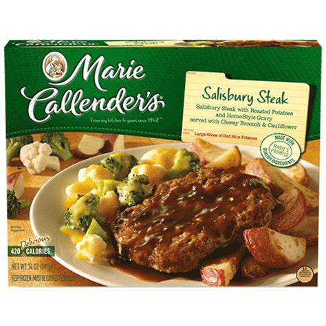 A collection of side by side cooked frozen dinner comparisons where the left is the marketing version of the box and the right is the results of following the microwave cooking instructions. Salisbury Steak | Marie Callender's