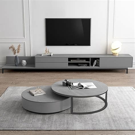 Minimalist Gray Tv Stand Stone Top Retracted And Extendable Media Console