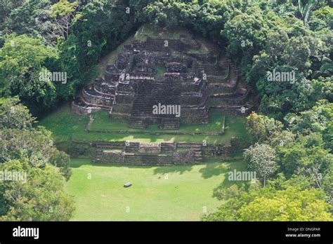 Aerial View Of The Jaguar Temple In Lamanai Maya Ruins In The Tropical