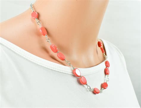 Coral Color Necklace Coral Color Beaded Silver Chain Small Etsy
