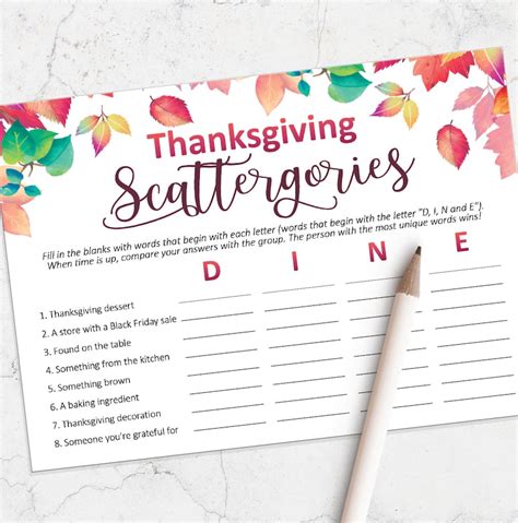 Thanksgiving Games Printable Scattergories Game For Etsy
