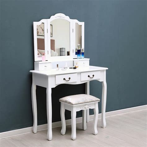 White Tri Folding Mirror Vanity Makeup Table Stool Set Home Desk With 4
