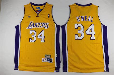 Mens Los Angeles Lakers 34 Shaquille Oneal Goldpurple Throwback Jersey