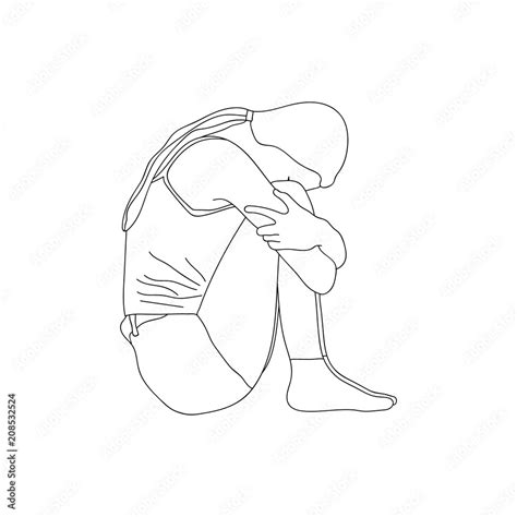 Sketch Of A Sad Lonely Young Girl Sitting On The Floor And Hugging Her Knees With Inclined Head