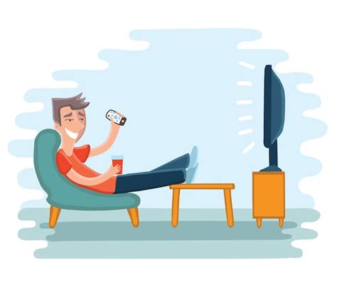 Ilustración del hombre viendo la televisión en el sillón tv y sentado en una silla bebiendo