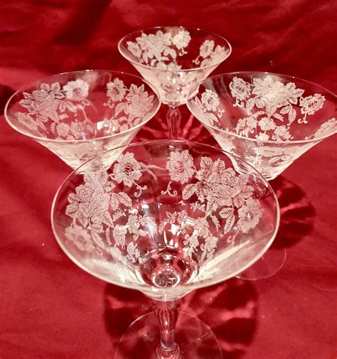 vintage clear glass cocktail martini glasses with frosted white floral etched pattern set of four