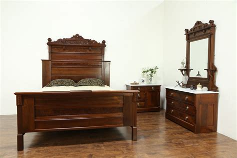 Victorian Eastlake Antique 3 Pc Queen Size Bedroom Set Walnut And Marble