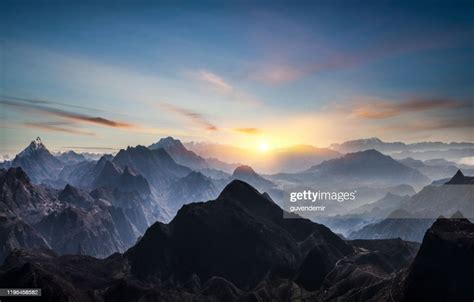 Aerial View Of Misty Mountains At Sunrise High Res Stock Photo Getty