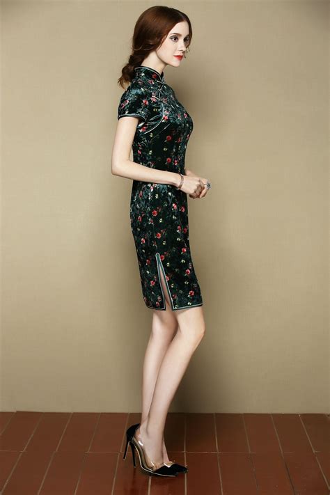 Lovely Floral Print Velvet Cheongsam Qipao Dress Green Qipao