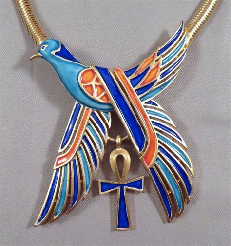 Vintage Crown Trifari Egyptian Revival Gold Enamel Bird Ankh Necklace