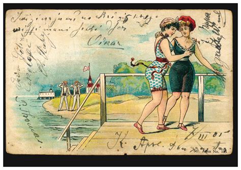 Künstler Ansichtskarte Zwei Badenixen Am Strand Werden Beobachtet Riga 7 3 1905 · Philmaster