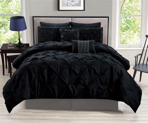 Queen beds provide more space to sleep in comfort at night. 12 Piece Rochelle Pinched Pleat Black Bed in a Bag Set