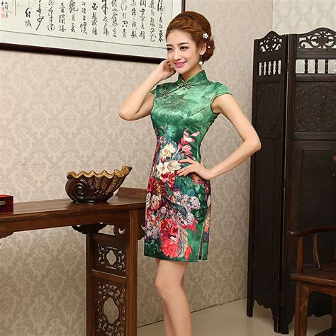 Women Elegance Chinese Traditional Dress Short Summer Satin Cheongsam Flower Printed Sale