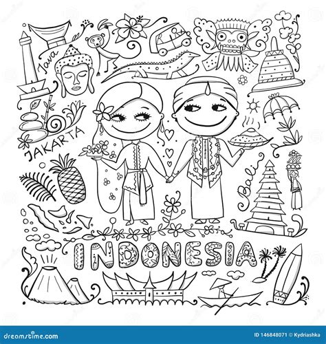 Travel To Indonesia Coloring Card For Your Design Stock Vector