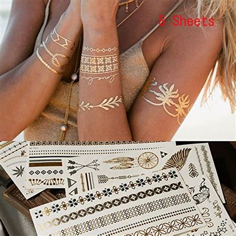 Buy Aoraem Metallic Temporary Tattoos For Women Teens Girls 8 Sheets Gold Silver Temporary
