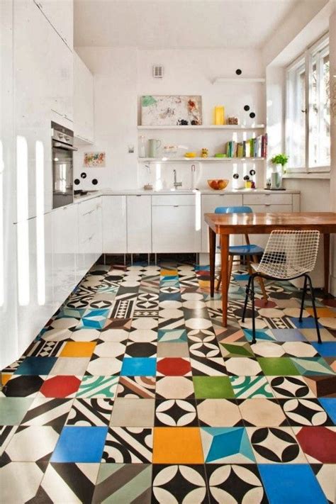 White Kitchen Featuring A Colorful Floor In 2019 Patchwork Tiles