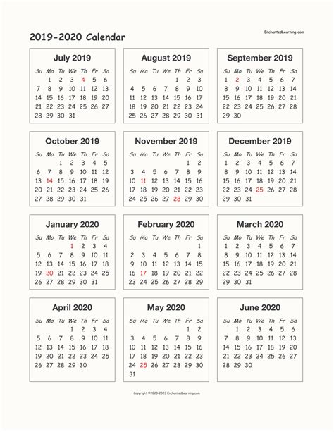 2019 2020 Calendar Printable Template On One Sheet Excel Pdf Word Riset