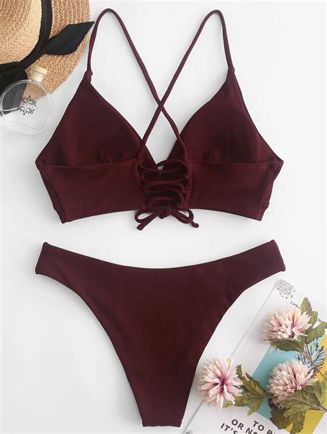 zaful bikini velvet ribbed cami bikini set lace up spaghetti straps women swimsuit solid