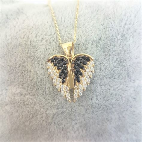 14k Real Solid Gold Elegant Double Angel Wings And Heart Shape Memorial Personalized Forever
