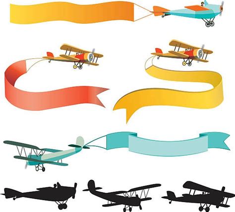 Set Of Vintage Airplanes With Banners Vector Art Illustration