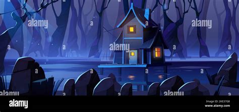 Stilt House In Swamp In Forest At Night Deep Dark Woods Landscape With
