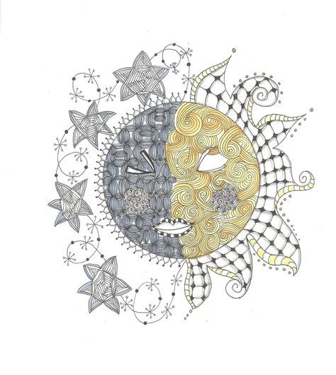 Zentangle Inspired Art Sun And Moon By Kirsty Jayne Goddard Doodle Patterns Sun Doodles
