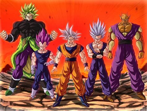 Dragon Ball Characters Standing In Front Of An Orange Sky