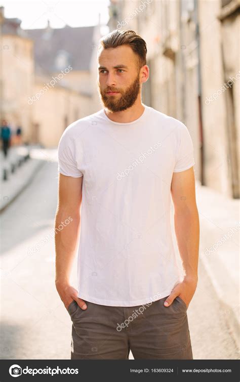 Hipster Handsome Male Model With Beard Wearing White Blank