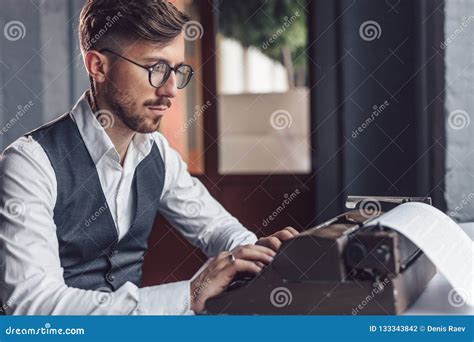 Young Writer Typing On A Retro Typewriter Stock Photo Image Of Adult