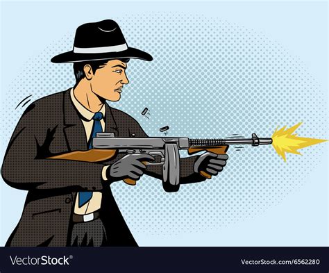 gangster shoots machine gun pop art royalty free vector