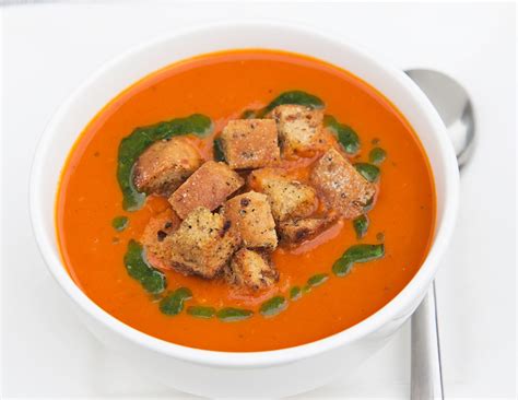 Sweet Pepper And Tomato Soup With Ciabatta Croutons And Basil Oil