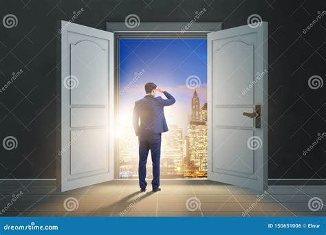 The Businessman Entering Big Large Door Stock Photo Image Of