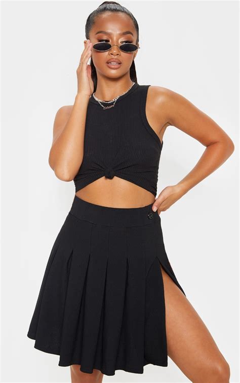 Petite Black Pleated Side Split Tennis Skirt Prettylittlething Ie
