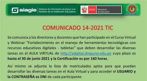 DIÁLOGO EDUCATIVO AZÁNGARO COMUNICADO 14 2021 TIC PARA DIRECTORES Y