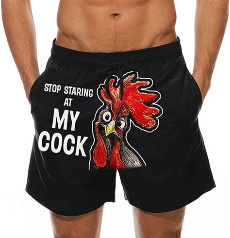 Qeqa Mens Drawstring Shorts Cock Pecker Print Trouser Pants Casual