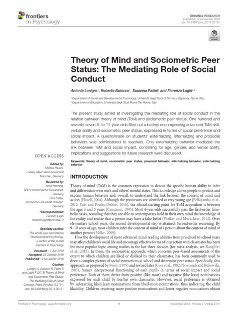 Theory Of Mind And Sociometric Peer Status The Mediating Role Of Social