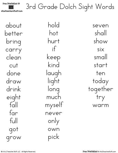 Words List First Grade Dolch Sight Words List Second Grade Dolch Sight