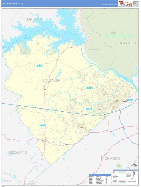 Columbia County Ga Zip Code Wall Map Basic Style By Marketmaps