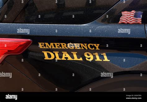 Emergency 911 On The Side Of A Police Car In Santa Fe New Mexico Stock