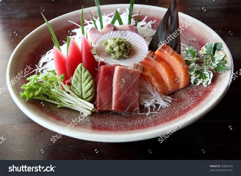 Mix Sashimi Tuna Sashimi Maguro Fresh Raw Tuna On Daikon White Radish Garnished With