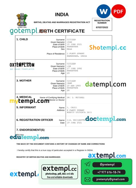 Example India Vital Record Birth Certificate Word And Pdf Template Completely Editable Extemplcc