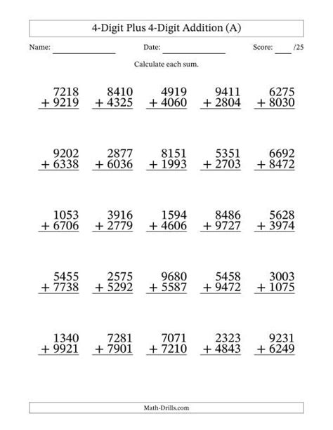 Additional 4 Digit Numbers With Regrouping Worksheets