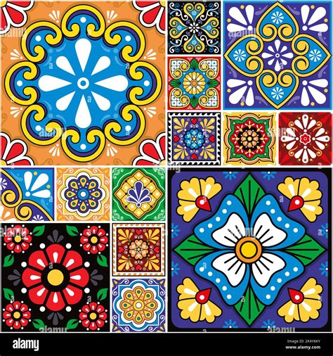 Mexican Talavera Ceramic Tiles Style Vector Seamless Pattern Collection