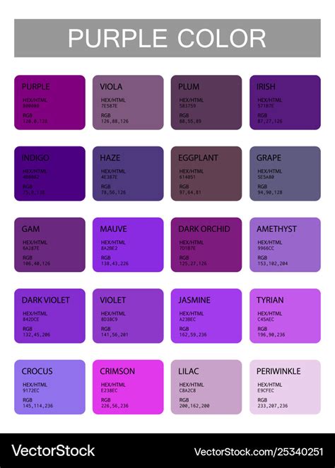 Purple Color Codes And Names Selection Colors Vector Image