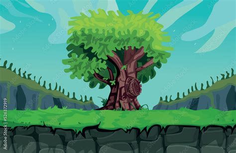 Landscape Big Tree Game Background Cartoon Vector Game Design Nature Asset Stock Vector