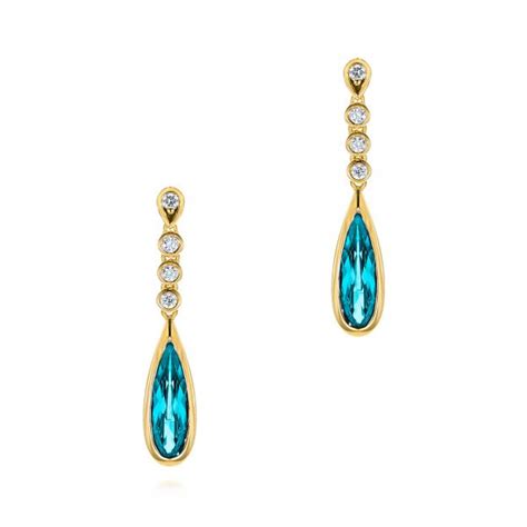 14k Yellow Gold Teardrop Blue Topaz And Diamond Drop Earrings 105429