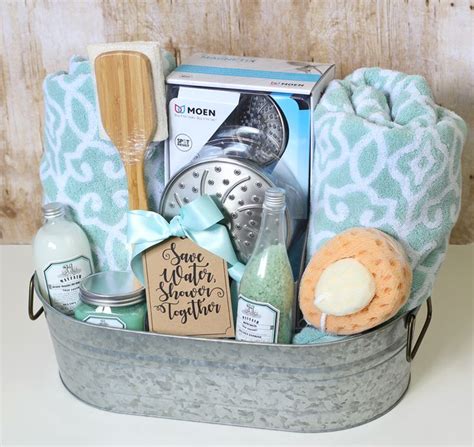 Traditional gifts, like serveware and appliances, are some of the most practical presents. Shower Themed DIY Wedding Gift Basket Idea | Wedding gift ...