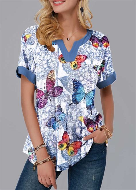 The Everyday Style Fashion Short Sleeve Split Neck Butterfly Print Blouse