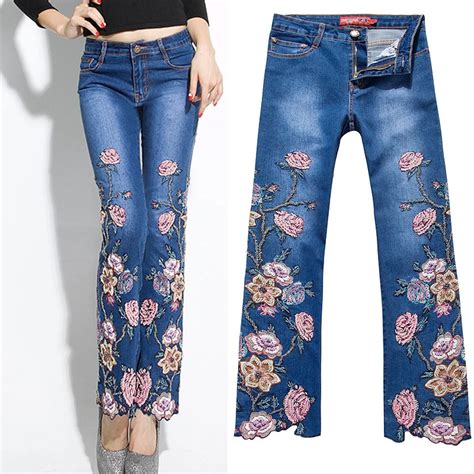 Summer Fall Designer Womens Embroidery Flower Rose Beading Flare Stretch Denim Trousers Female